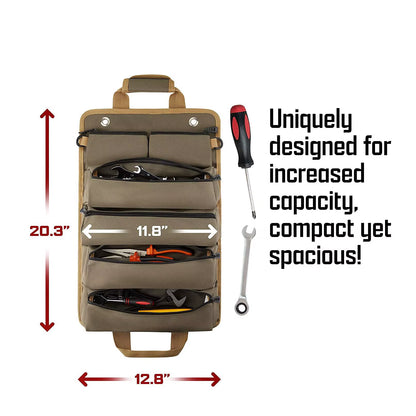 Heavy-duty roll-up tool bag with 900D Oxford cloth for durability. Compact, portable & perfect for home, garage & professional use. Keep tools organised today!