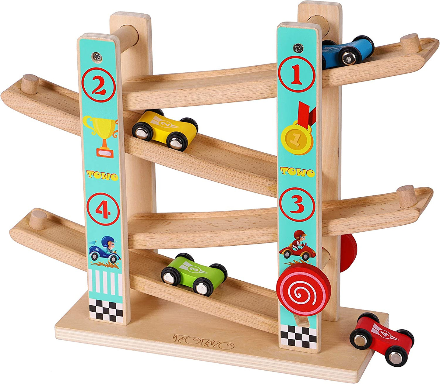 TOWO Wooden Car Ramp Toy | Zig Zag Slide with 4 Cars.