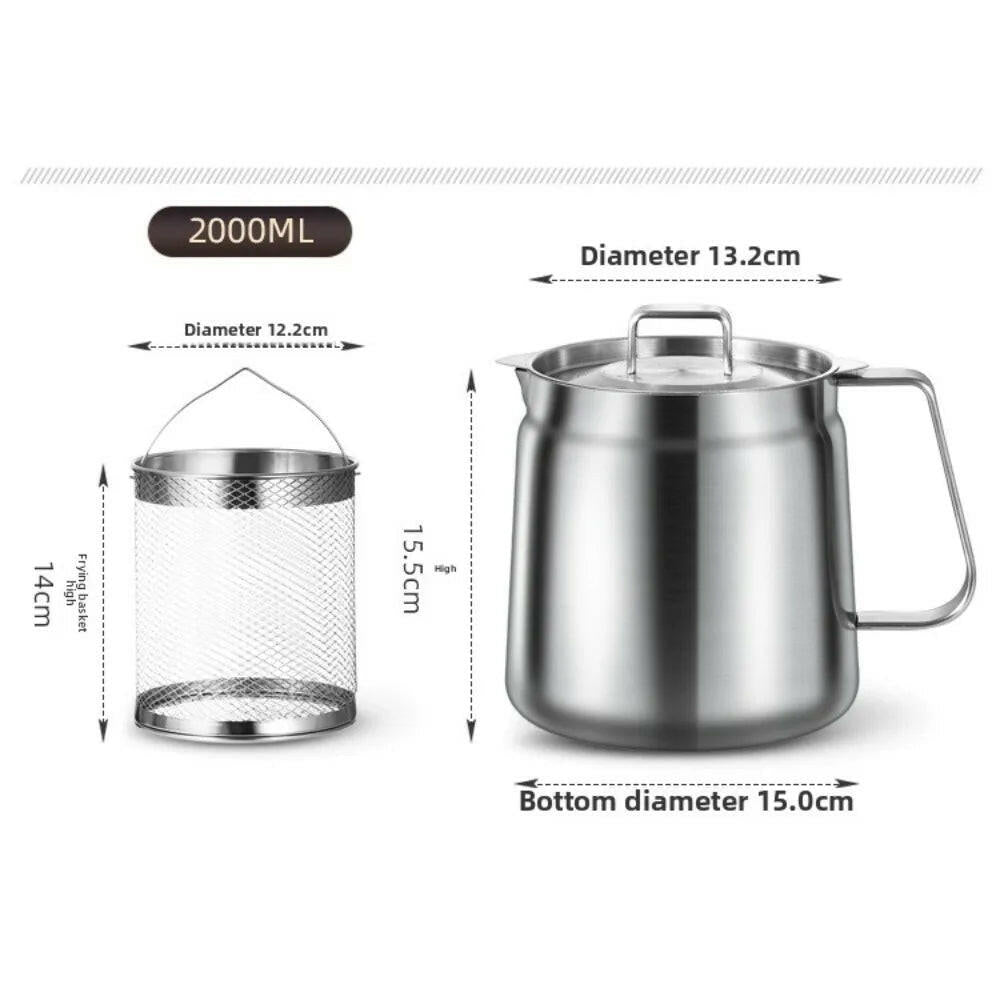 Stainless Steel 2L Deep Fryer Pot with Basket and Oil Strainer, 304 Stainless Steel Deep Frying Pot for French Fries, Chicken.