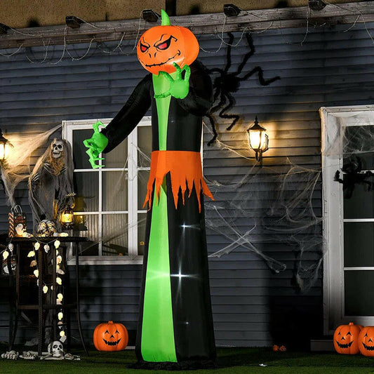 Extra-Tall Halloween Inflatable – LED-Lit Pumpkin Head Ghost with Automatic Inflation & Ground Stakes