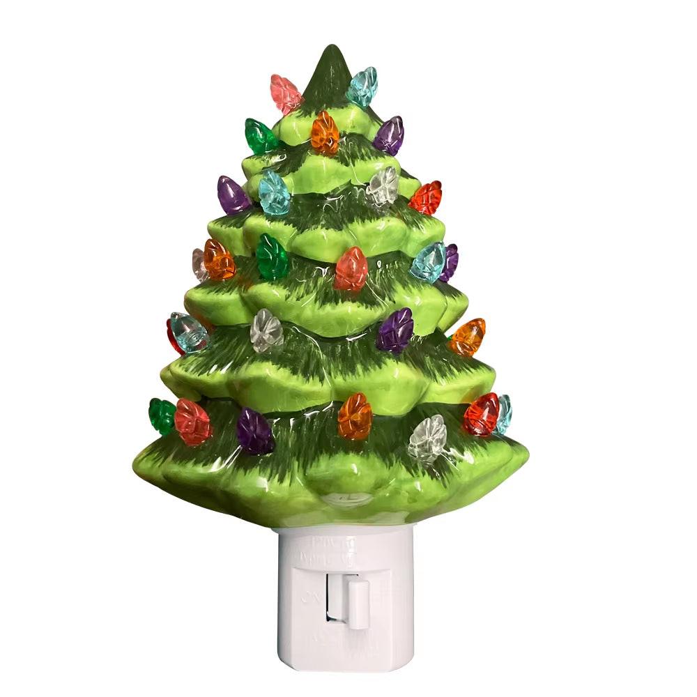 Hand‑Painted Ceramic Christmas Tree Night Light – Vintage Green Accent.