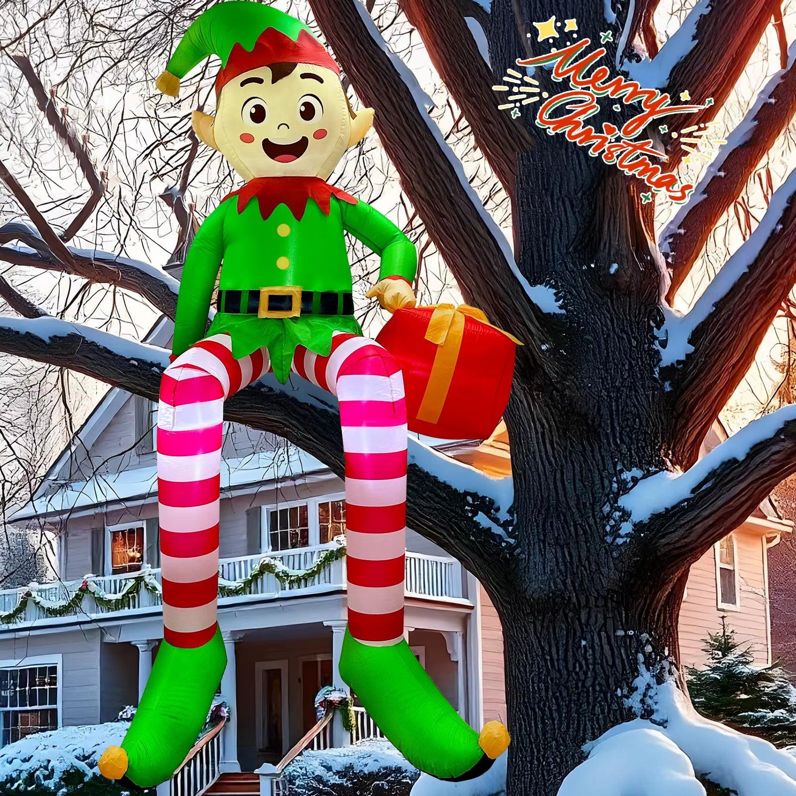 8FT Light-Up Sitting Elf Christmas Inflatable – Outdoor Yard Decoration with LED Lights & Gift Box.