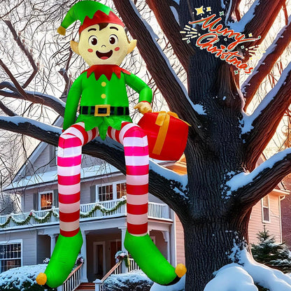 8FT Light-Up Sitting Elf Christmas Inflatable – Outdoor Yard Decoration with LED Lights & Gift Box.