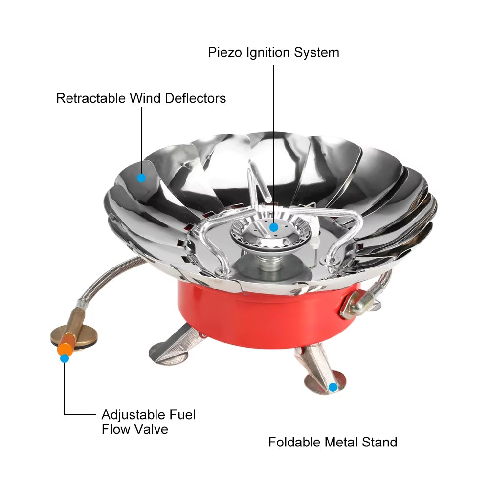 Windproof Piezo Ignition Lotus Gas Stove with Adapter for Camping & Hiking 