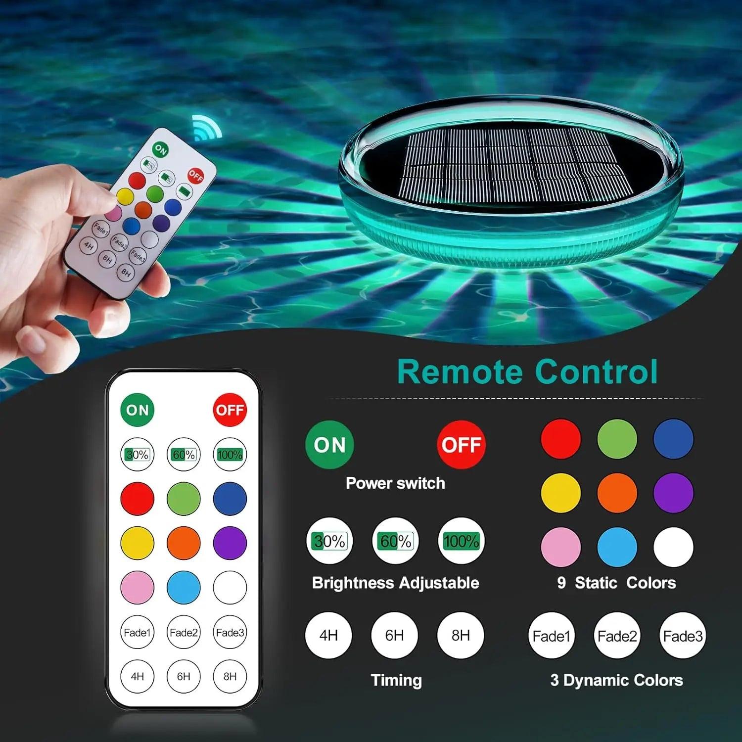 Solar Floating Pool Lights – RGB Color‑Changing, Waterproof & Remote‑Controlled.