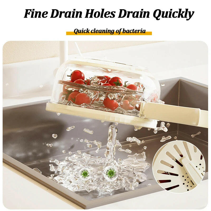 2-In-1 Fruit Drain Basket Vegetable Washing Basket with Foldable Handle Refrigerator Crisper Storage Bowl for Home Kitchen.