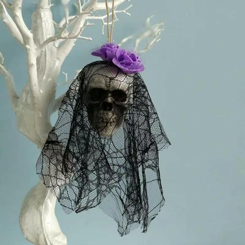 Foam Skull Hanging Ornament – 36cm Halloween Decoration with Cloth or Flower Wrap (8 Variants)