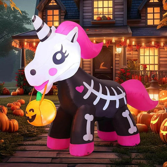 5FT Inflatable Skeleton Unicorn – LED Halloween Blow-Up Decoration for Garden, Lawn, and Indoor Displays