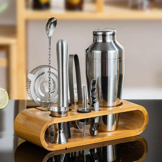 Stainless Steel Cocktail Shaker Cup Bartender Tool Set with Bamboo Base 750ml.