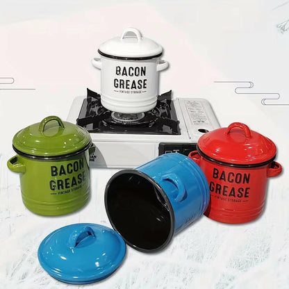 Enamel Grease Container - Secure Lid, Large Capacity.