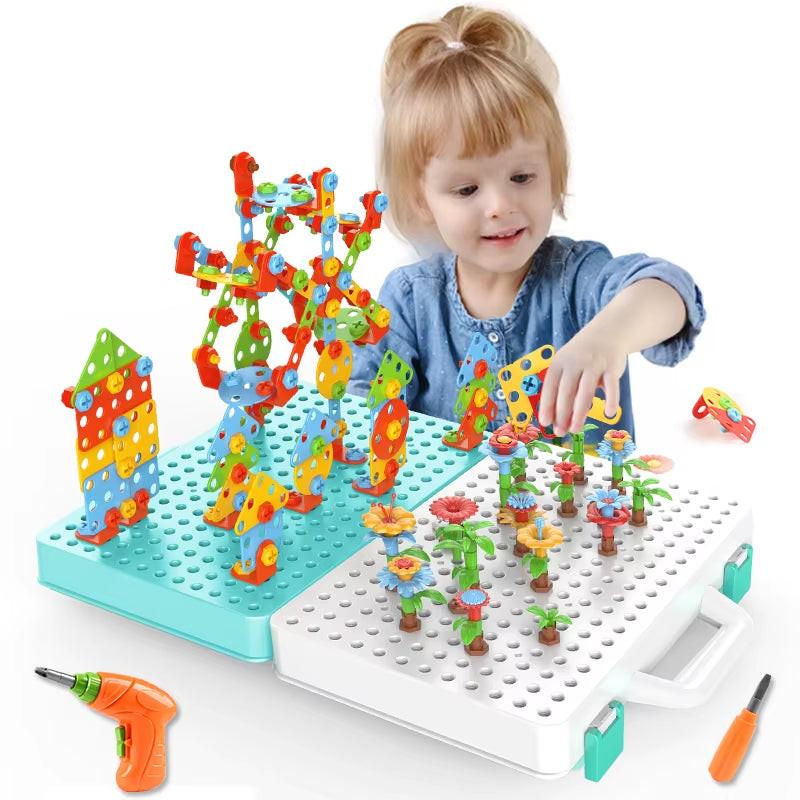 Build, Screw & Create – Kids Electric Drill Toy Set with Puzzle Blocks for STEM Learning (Ages 3–6).