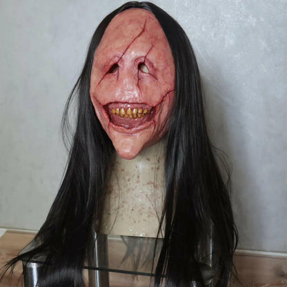 Scared Demon Latex Mask – Haired Horror Prop for Halloween Cosplay & Themed Parties