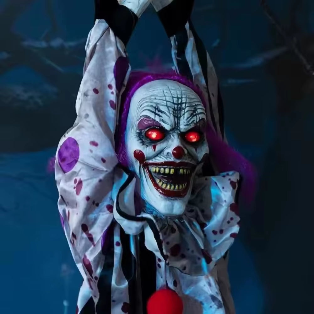 Electric Voice‑Activated Hanging Ghost Clown – Animated Halloween Prop with LED Eyes, Sound & Motion – Scary Haunted House, Porch, Tree & Party Decoration