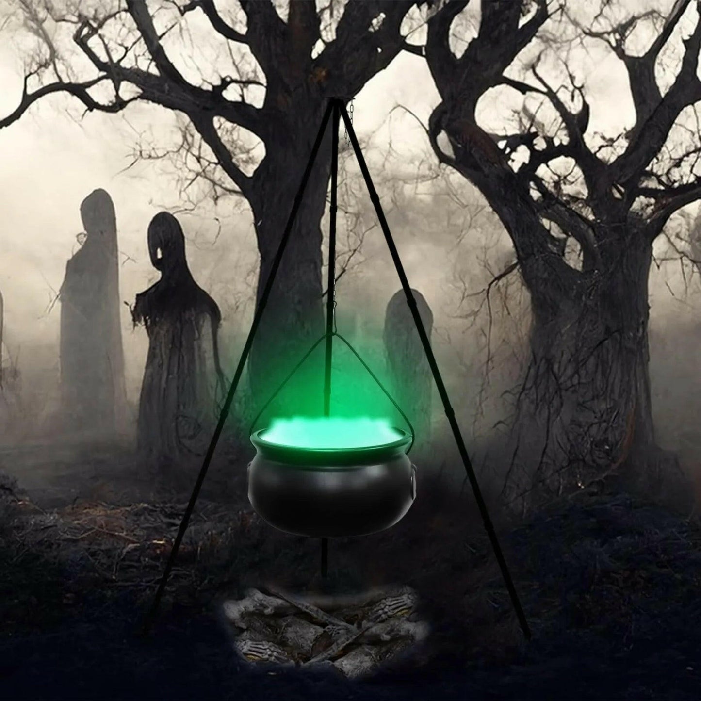Hanging Witch Cauldron Candy Bucket with Tripod – Light-Up Halloween Prop for Indoor & Outdoor Decor