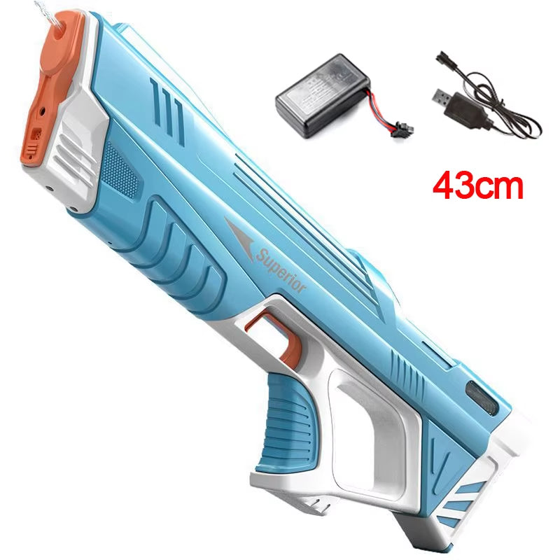 Electric water gun with rechargeable lithium battery & 8–10m range. 43cm long blaster with quick refilling, waterproof design & up to 200 shots per charge