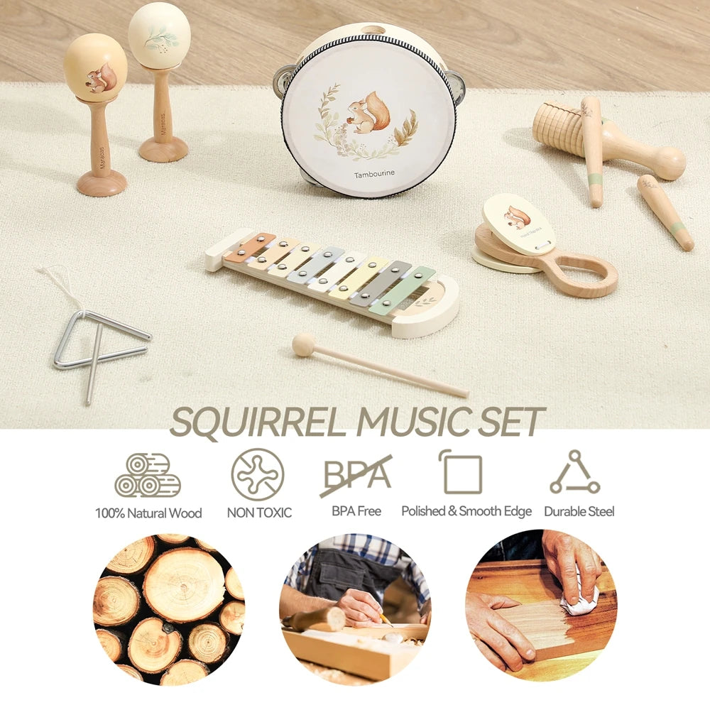 Wooden Baby Musical Gift Set – Eco‑Friendly Rattle, Maraca, Drum, Xylophone, Bell Shaker for Infants 0–2