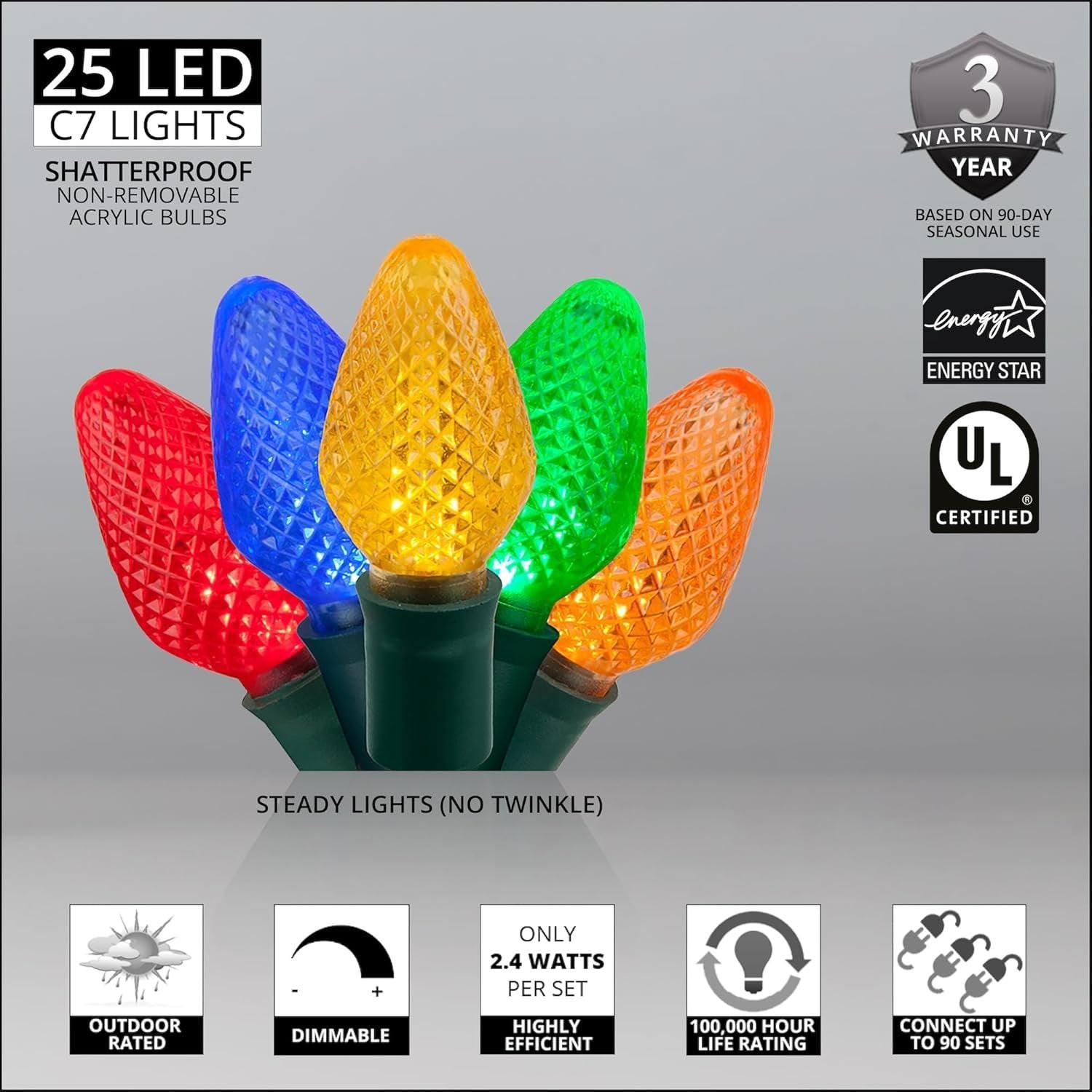 Multicolor LED Christmas Lights – 25 Faceted Bulbs, Green Wire.