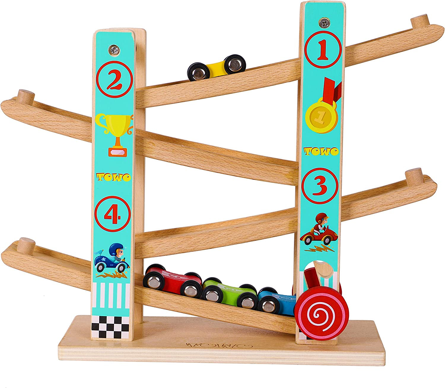 TOWO Wooden Car Ramp Toy | Zig Zag Slide with 4 Cars.