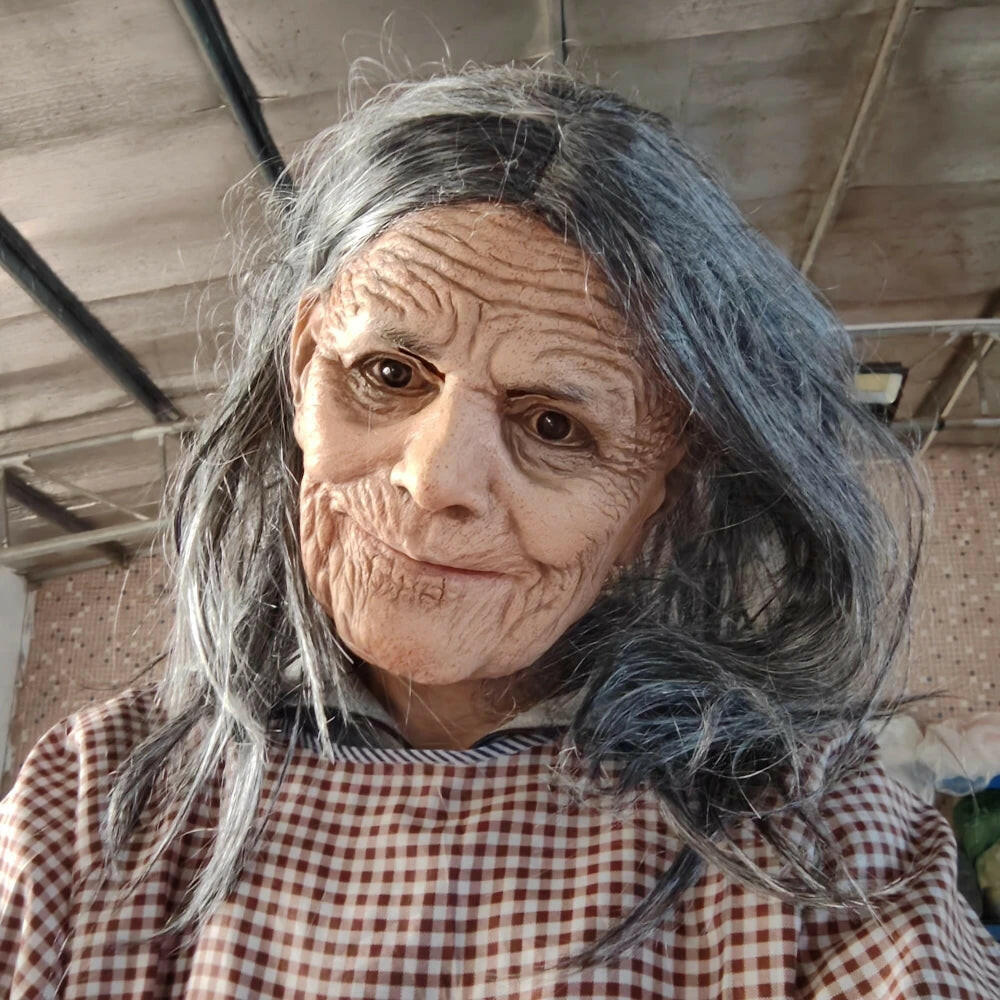 Lifelike Granny Witch Mask – White-Haired Latex Costume Prop with Movable Jaw for Halloween & Cosplay