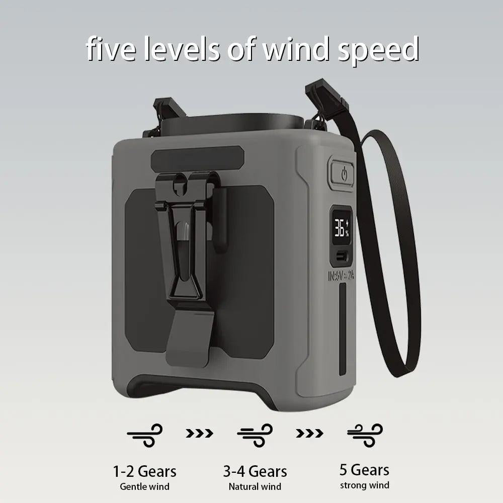 10000mAh Waist Fan – Rechargeable Portable Cooling with Built‑In Power Bank.