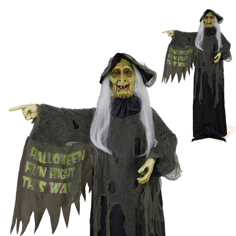 6Ft Voice‑Activated Standing Witch Halloween Decoration – LED Red Eyes, Sound, Vibration and Motion Sensor – Indoor/Outdoor Animatronic Prop – Battery Operated