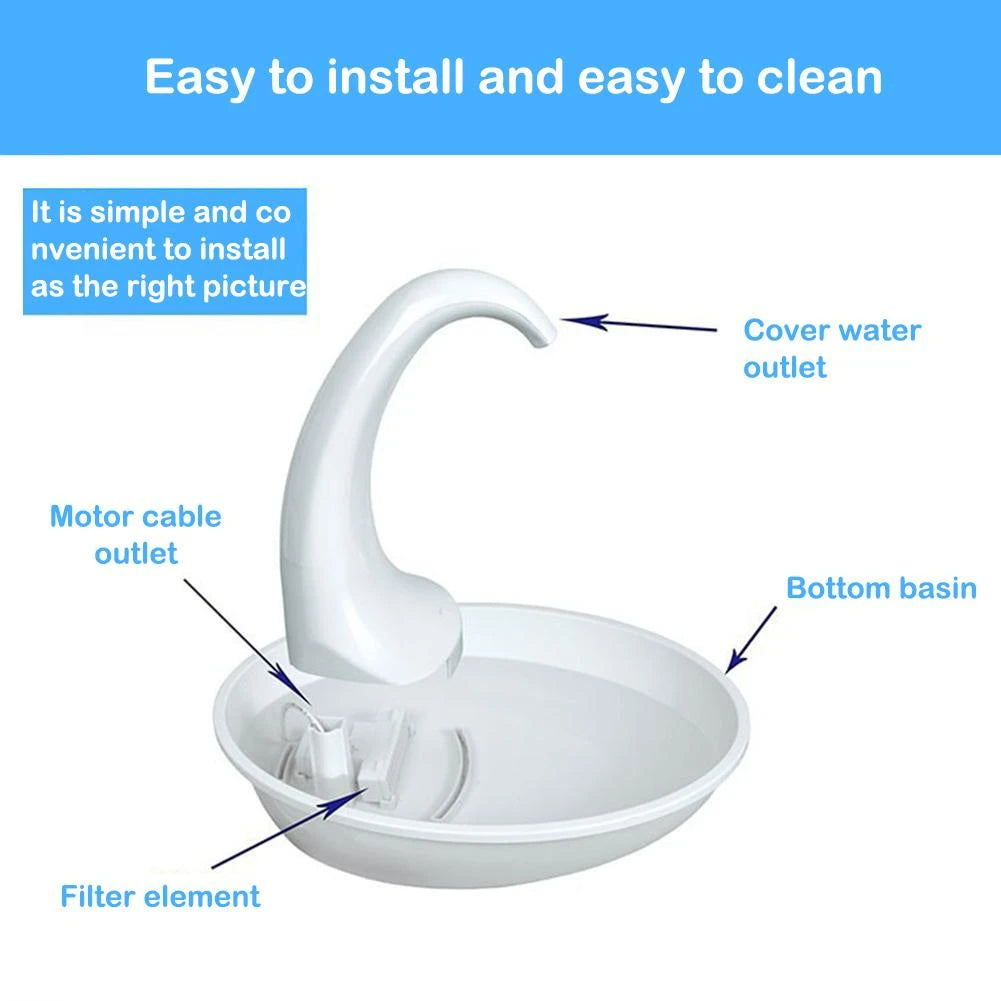 Automatic swan-shaped pet water dispenser with silent pump, advanced filtration & USB-powered design. Perfect for cats & dogs! Stylish, energy-efficient & easy to clean.