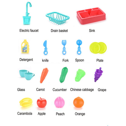 Children’s simulated kitchen sink toy with electric water pump, safe ABS material, and accessories.
