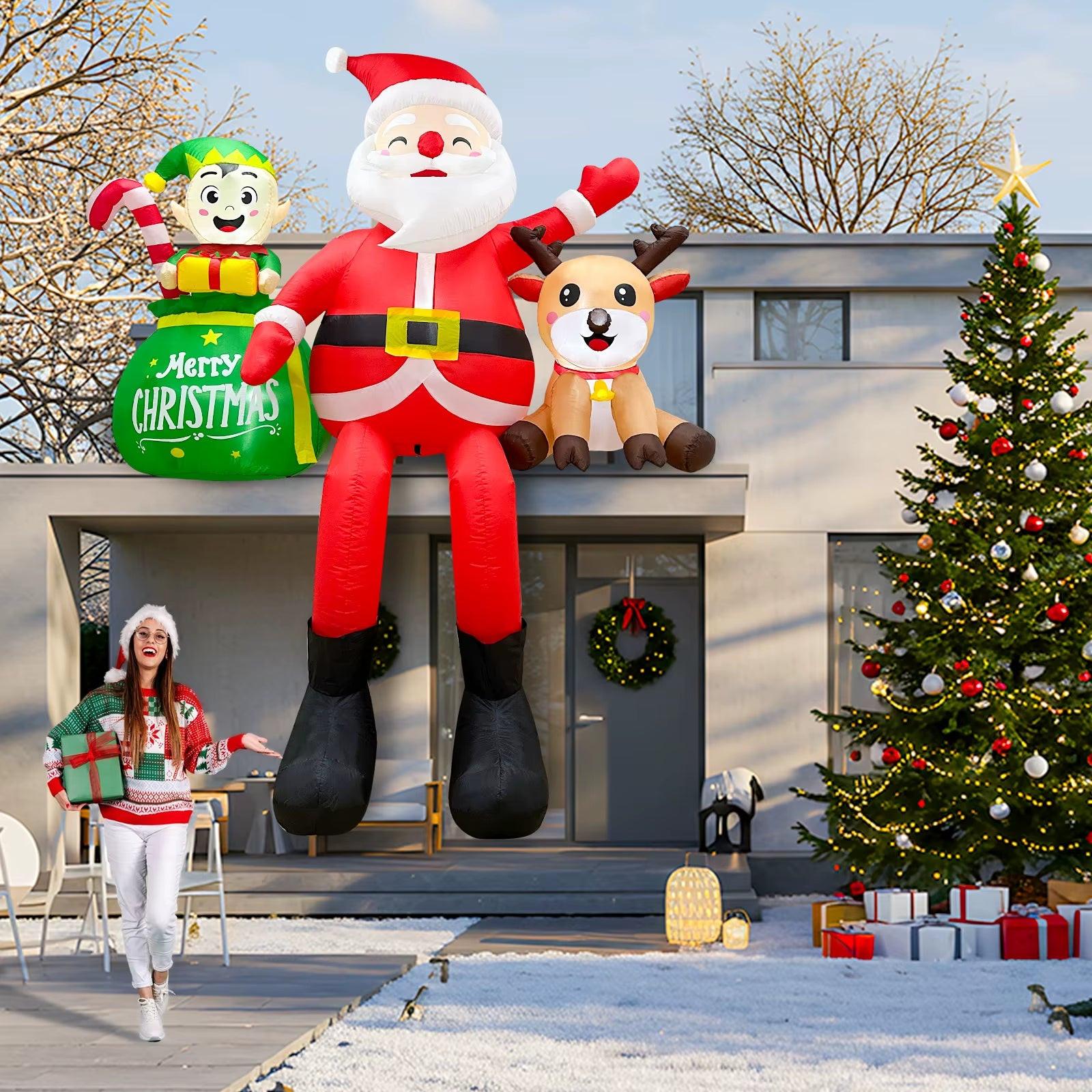 8FT Sitting Santa Inflatable – LED Christmas Display with Elves & Reindeer.