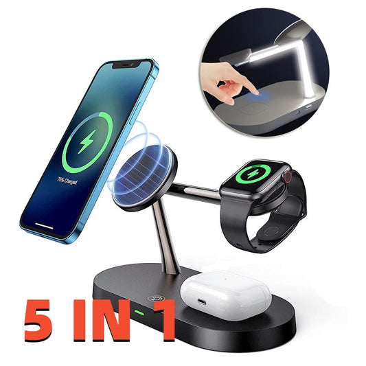 5‑in‑1 Magnetic Wireless Charger with Night Lamp & Fast Charging.