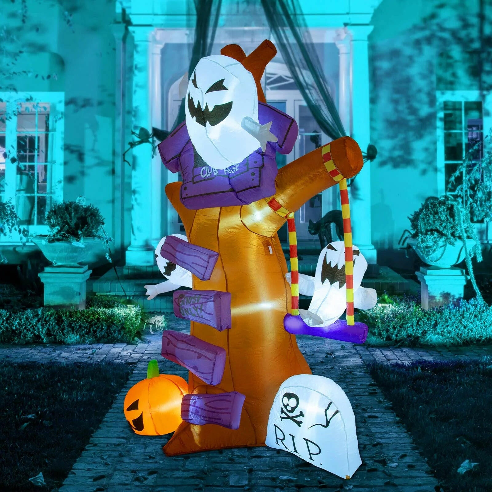 8FT Inflatable Halloween Ghost Tree with Pumpkin & Tombstone – LED Blow-Up Decoration for Garden, Lawn, and Party Displays