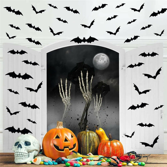 3D Black PVC Bat Wall Stickers – 24/48-Piece Halloween Set for DIY Haunted Decor