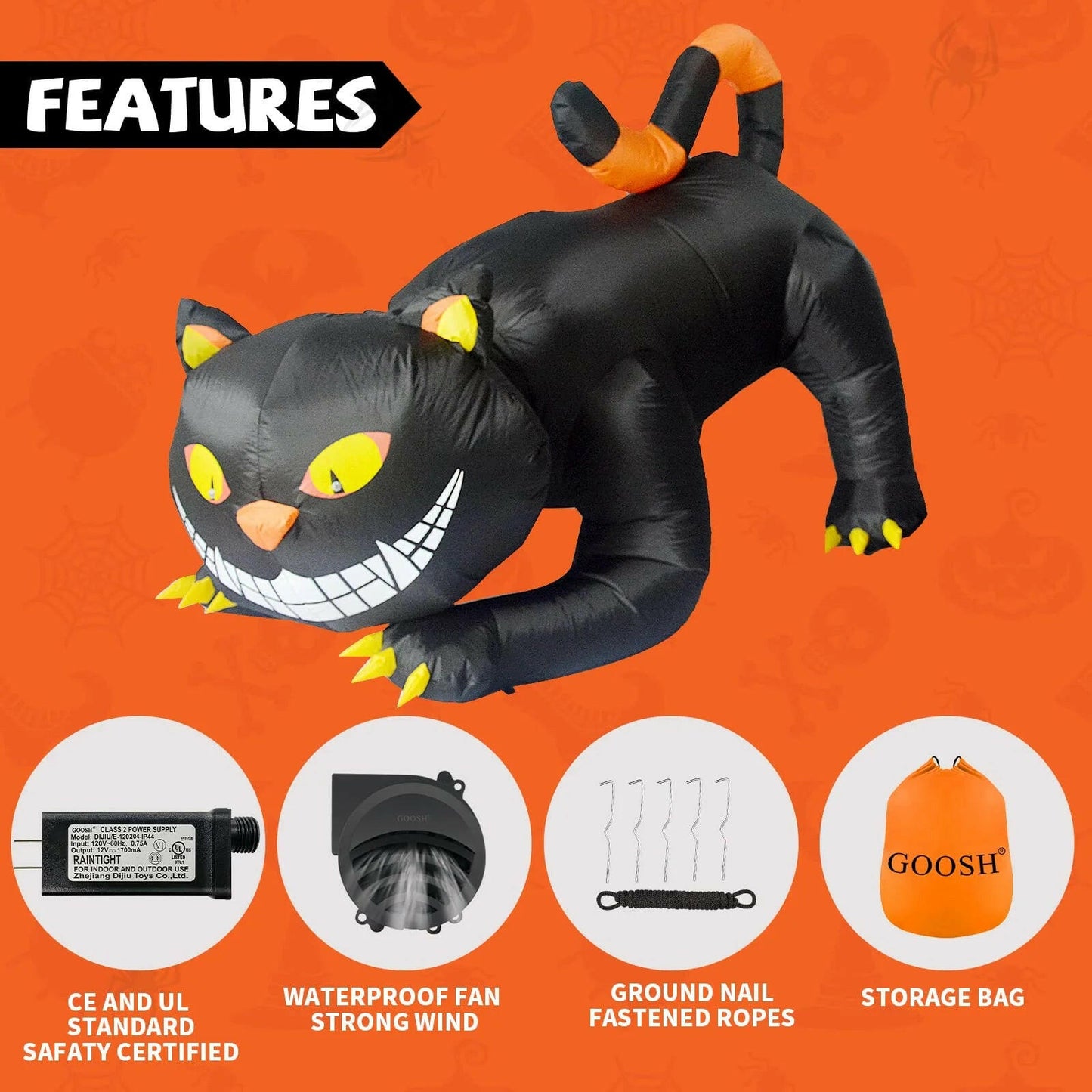 6FT Inflatable Halloween Black Cat with Fangs – LED Blow-Up Decoration for Garden, Lawn, and Indoor Displays