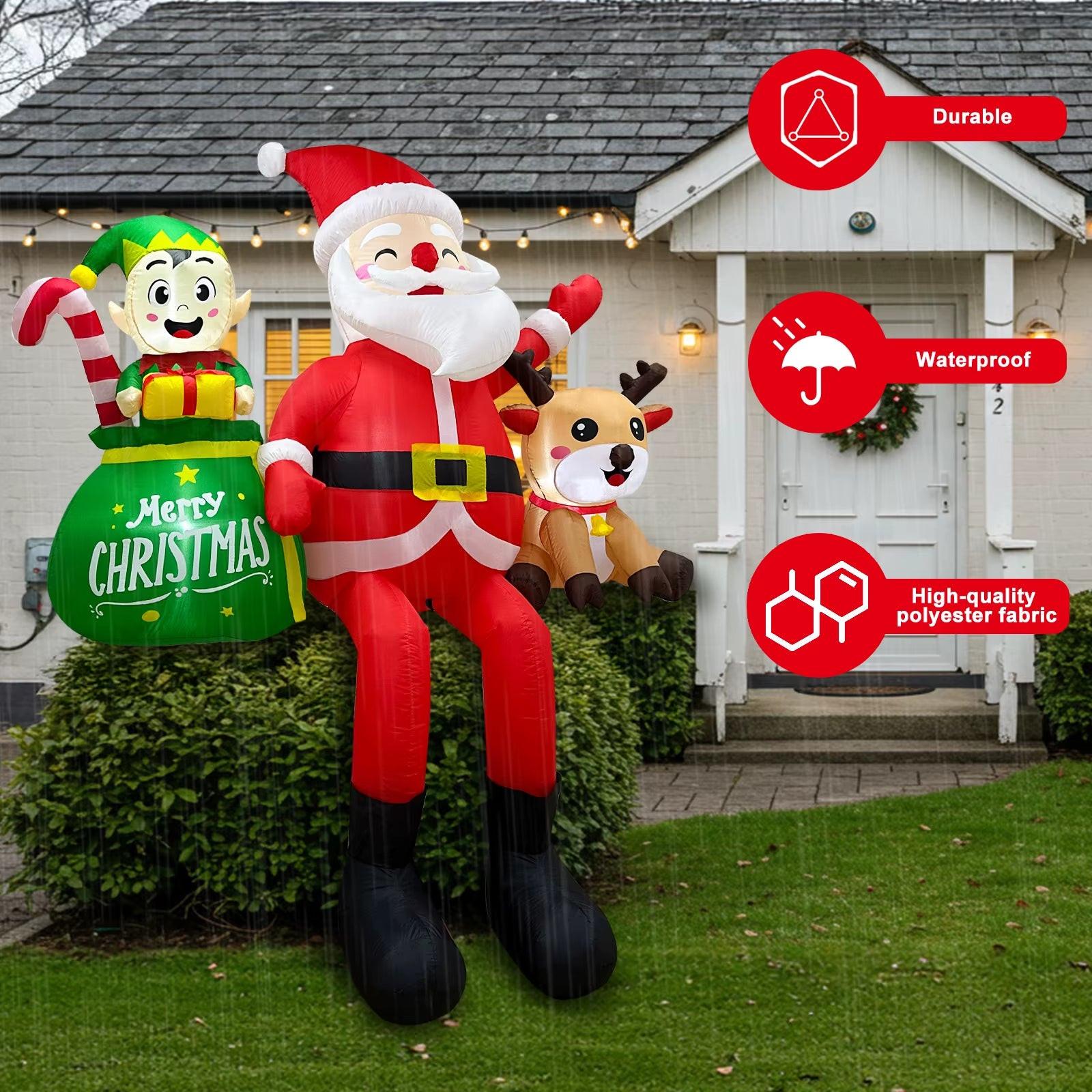 8FT Sitting Santa Inflatable – LED Christmas Display with Elves & Reindeer.