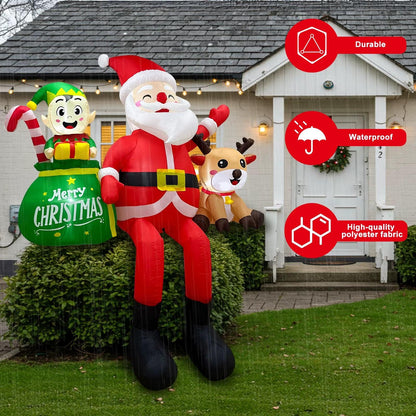 8FT Sitting Santa Inflatable – LED Christmas Display with Elves & Reindeer.