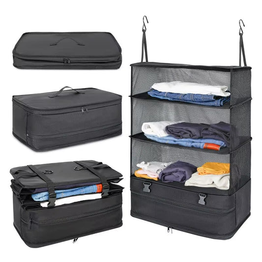 Black hanging clothes storage bag with durable canvas material. Space-saving, versatile & perfect for travel, home organization & business trips!