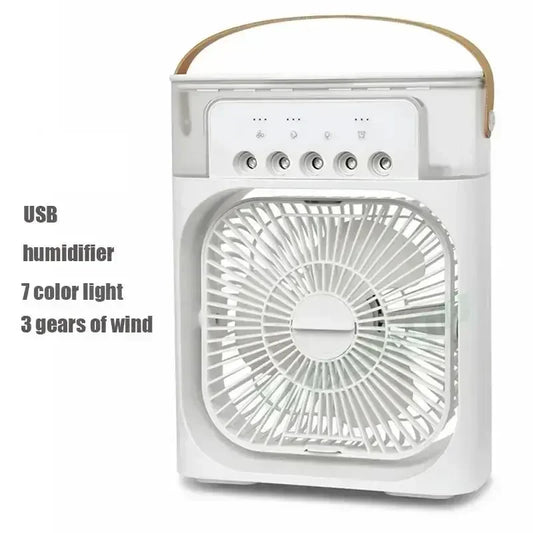 USB portable air conditioner with six-blade fan, 650ml water tank & 10-hour cooling. Adjustable airflow, misting modes & USB-powered for instant relief!