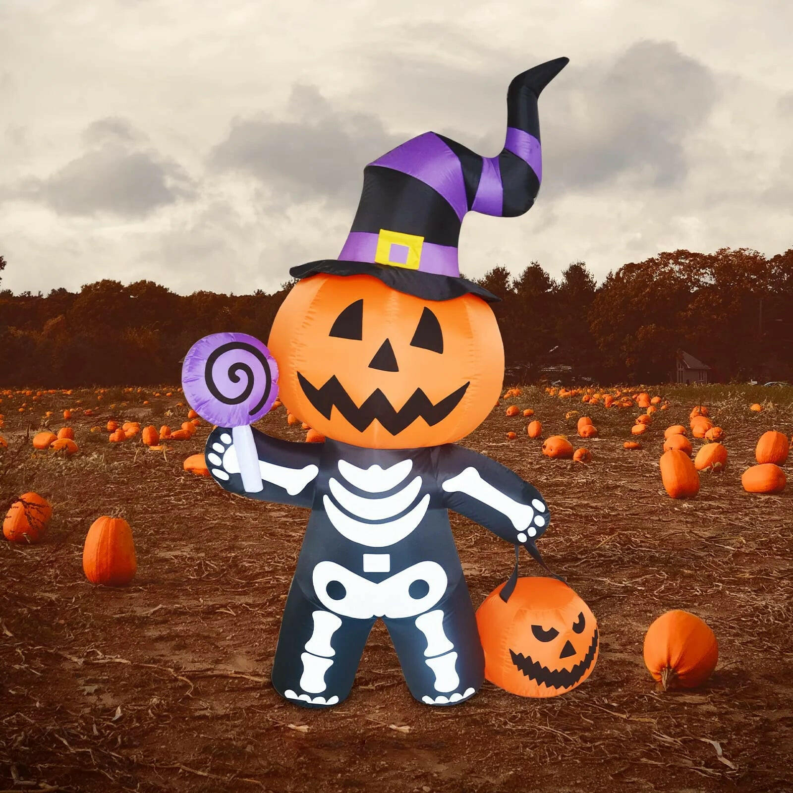 6FT Inflatable Halloween Pumpkin with Skull Body – LED Blow-Up Decoration for Garden, Lawn, and Indoor Displays