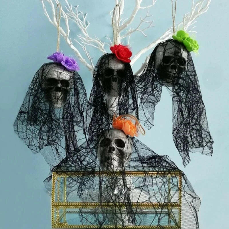 Foam Skull Hanging Ornament – 36cm Halloween Decoration with Cloth or Flower Wrap (8 Variants)