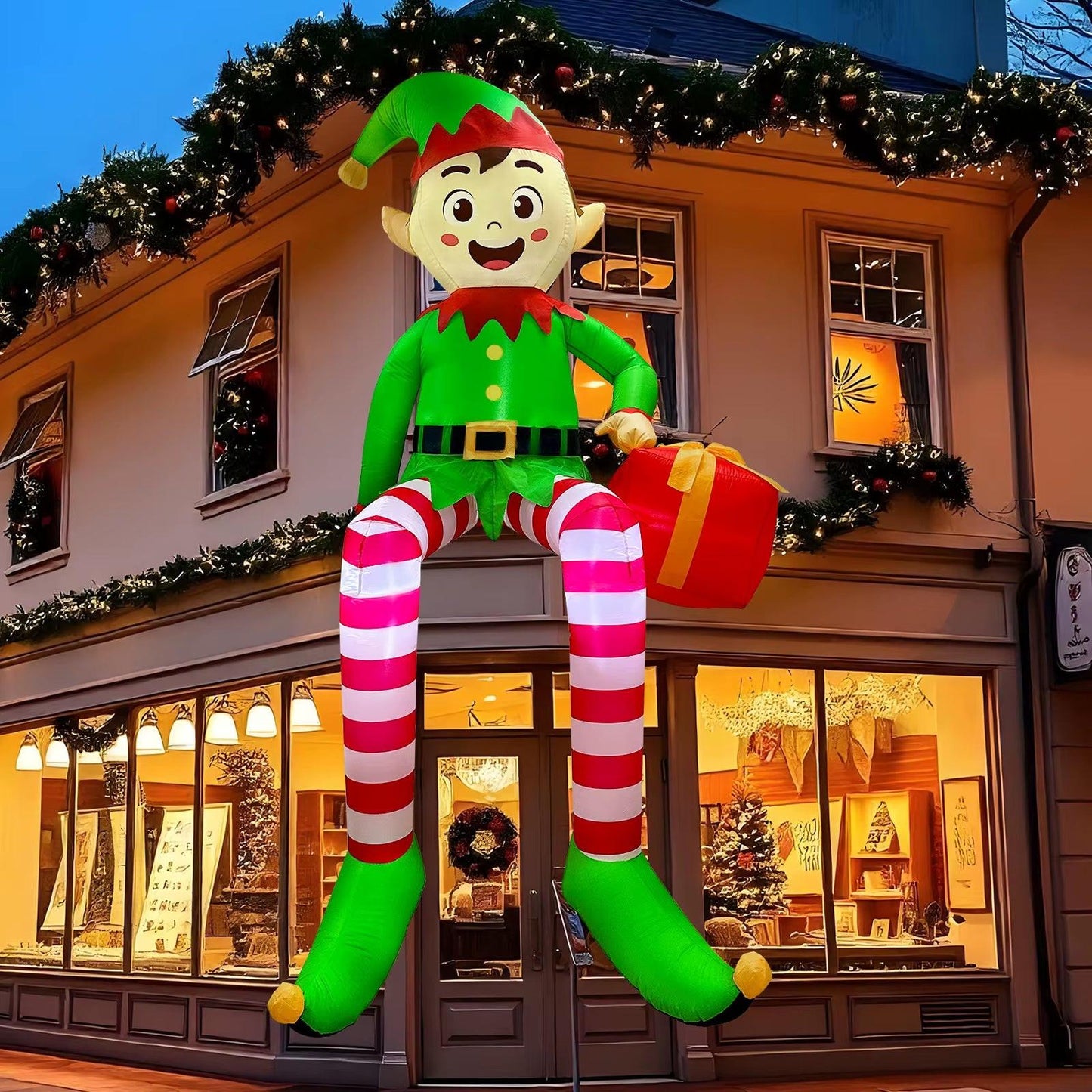 8FT Light-Up Sitting Elf Christmas Inflatable – Outdoor Yard Decoration with LED Lights & Gift Box.