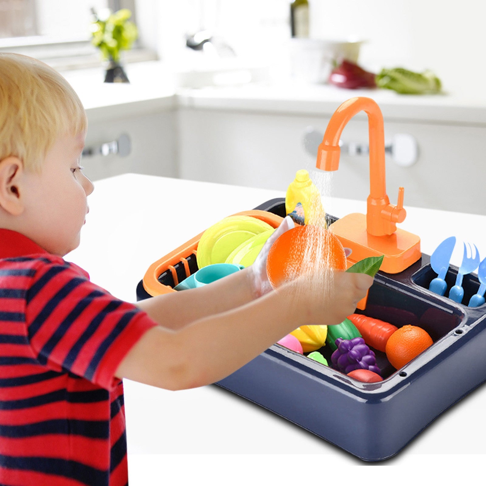 Children’s simulated kitchen sink toy with electric water pump, safe ABS material, and accessories.