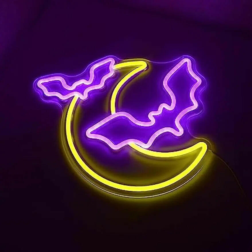 2025 Moon & Bat Neon Sign – USB-Powered LED Wall Light with Dimmable Brightness for Halloween Party & Gothic Decor