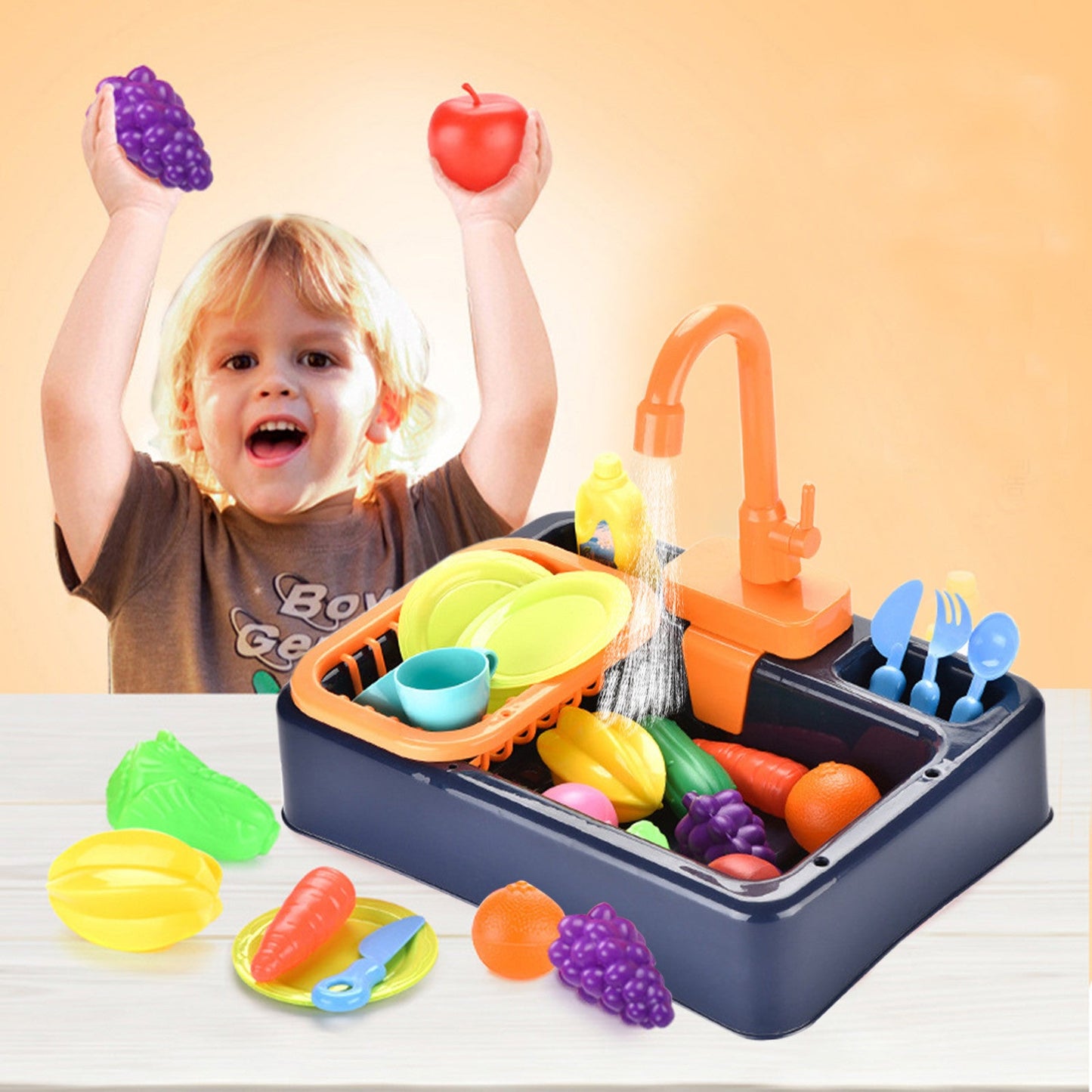 Children’s simulated kitchen sink toy with electric water pump, safe ABS material, and accessories.