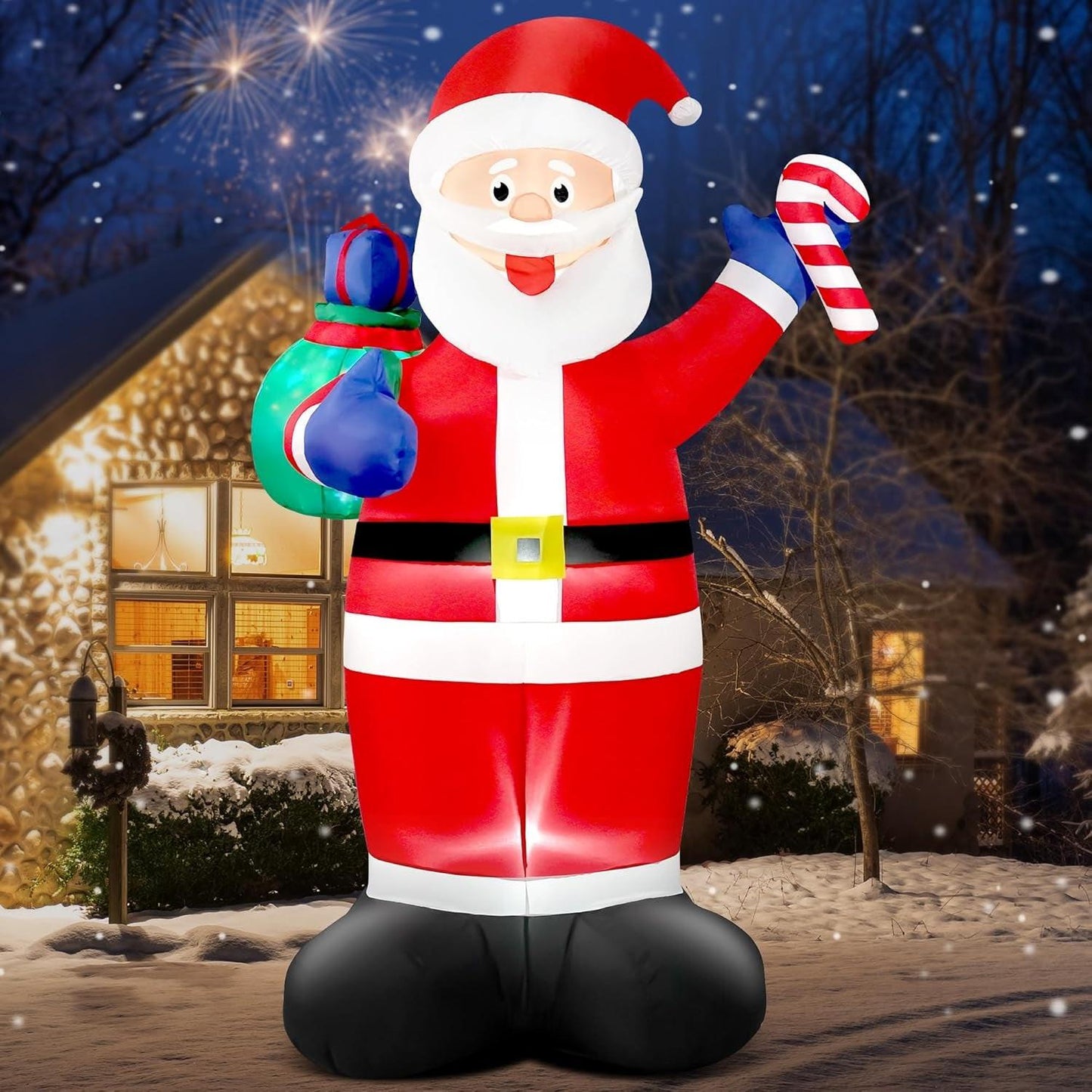 8FT Giant Christmas Inflatable Santa with Flashing Gift Bag – IP44 Weatherproof Outdoor Decoration for Lawn, Garden & Holiday Parties.