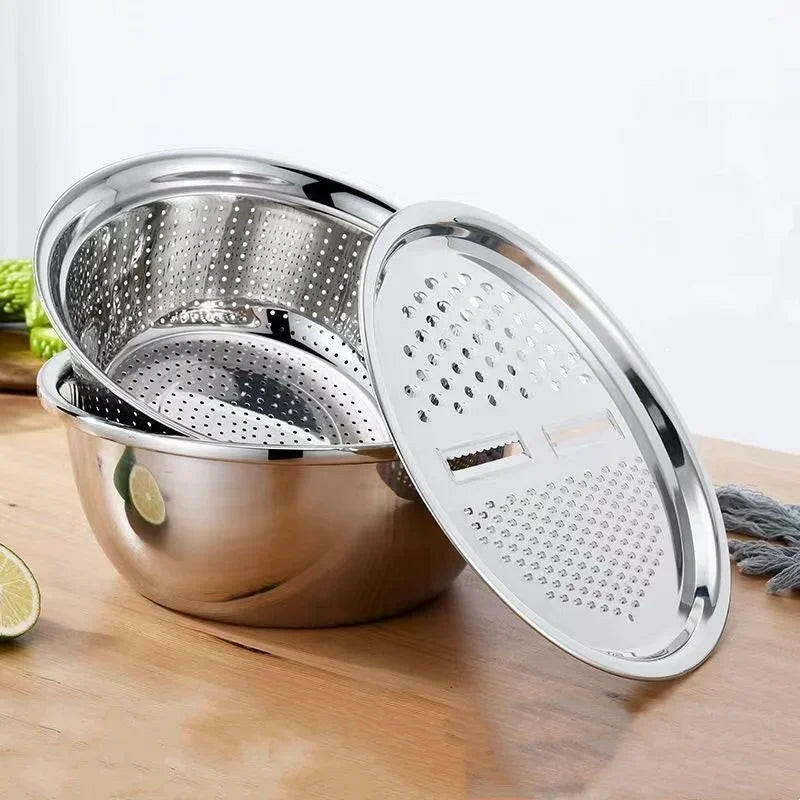 3-in-1 Stainless Steel Salad Maker Bowl – Strainer, Grater & Slicer in One.