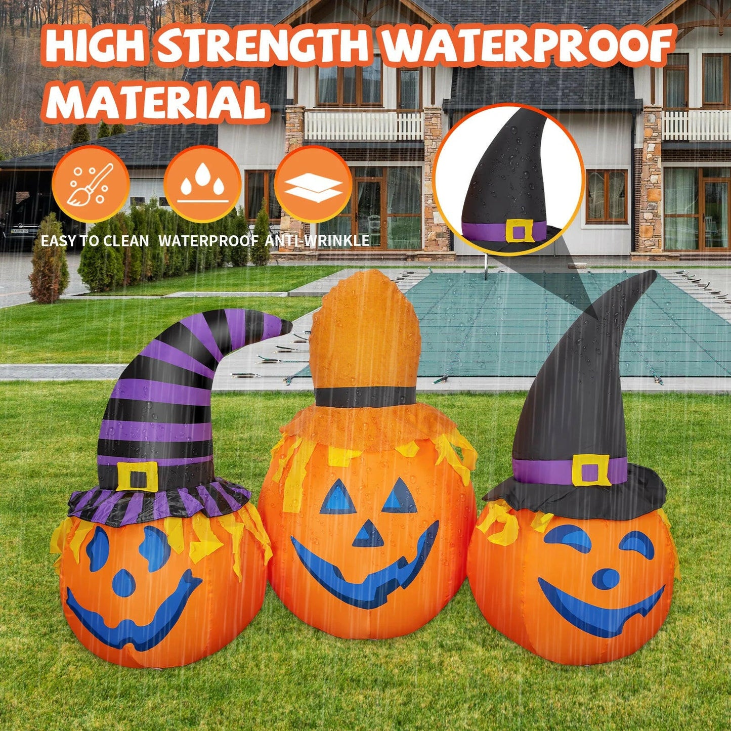 6.5FT Inflatable Halloween Pumpkin Trio with Wizard Hats – LED Blow-Up Decoration for Garden, Lawn, and Party Displays