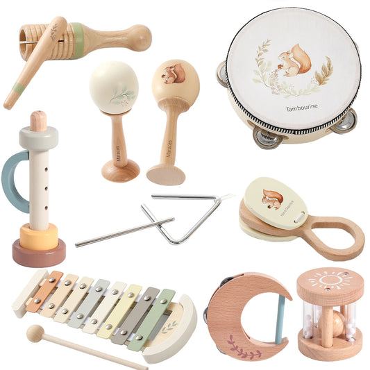 Wooden Baby Musical Gift Set – Eco‑Friendly Rattle, Maraca, Drum, Xylophone, Bell Shaker for Infants 0–2
