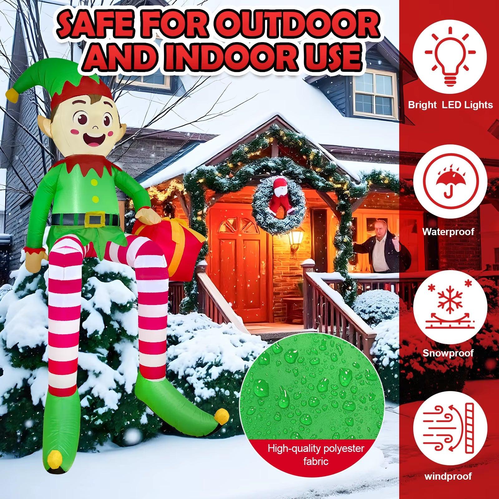 8FT Light-Up Sitting Elf Christmas Inflatable – Outdoor Yard Decoration with LED Lights & Gift Box.