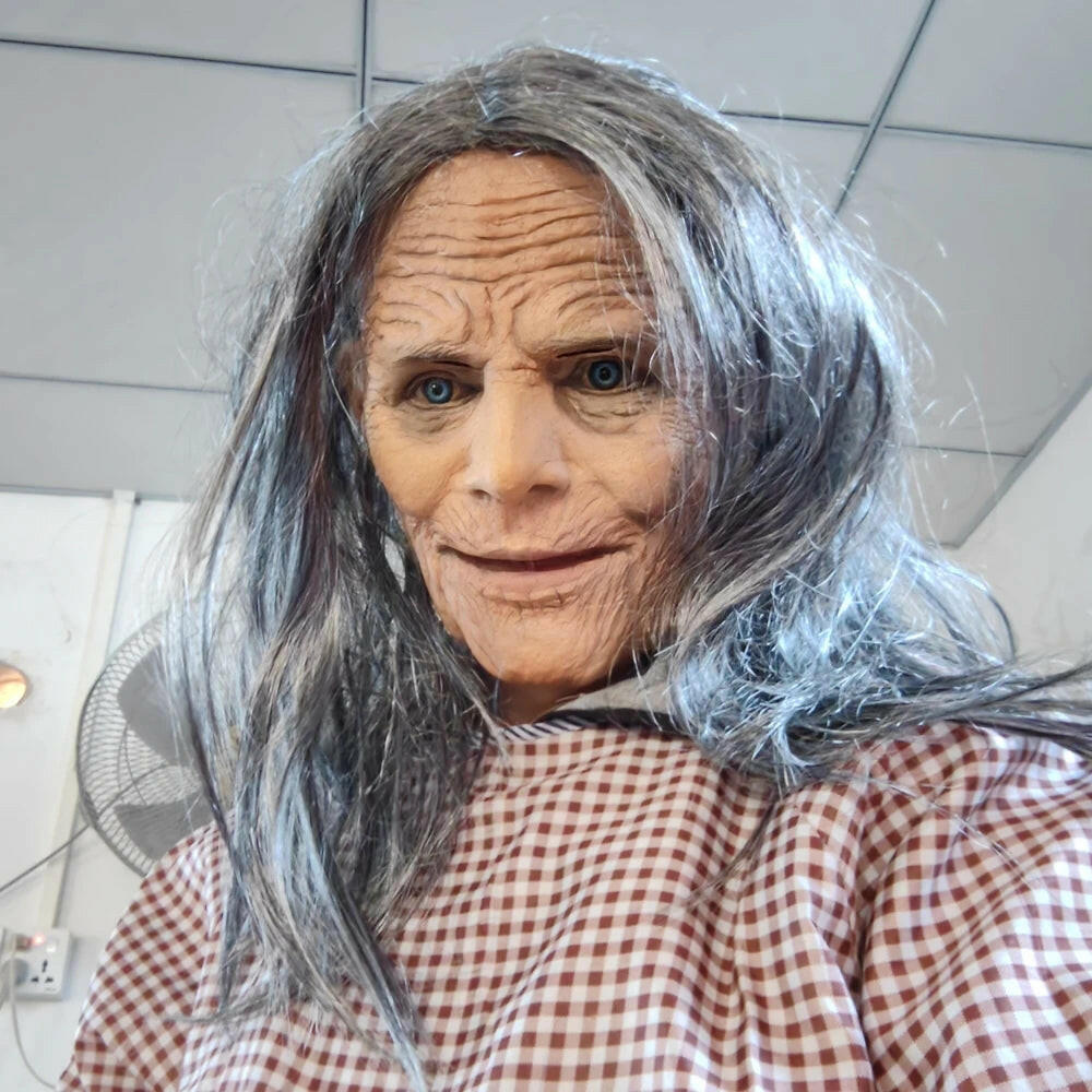 Lifelike Granny Witch Mask – White-Haired Latex Costume Prop with Movable Jaw for Halloween & Cosplay