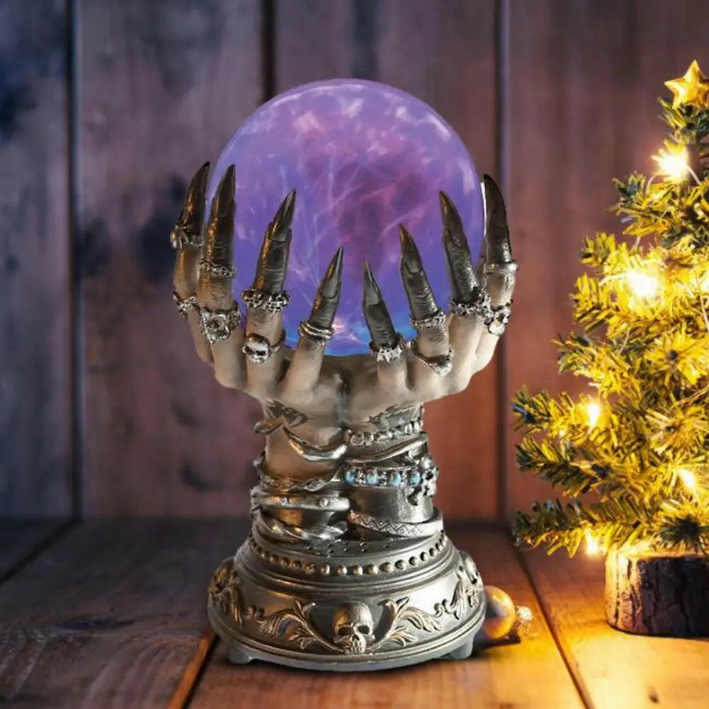 Celestial Crystal Ball with Witch Hands – Plasma Glow Halloween Prop with Thunder Effects & Color-Changing Light