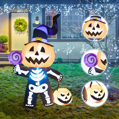 6FT Inflatable Halloween Pumpkin with Skull Body – LED Blow-Up Decoration for Garden, Lawn, and Indoor Displays